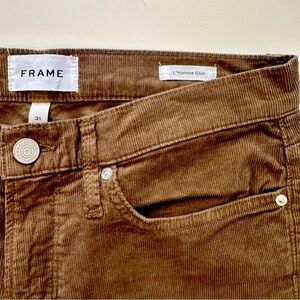 Frame L’ Homme Slim Corduroy Pants in Military Olive color